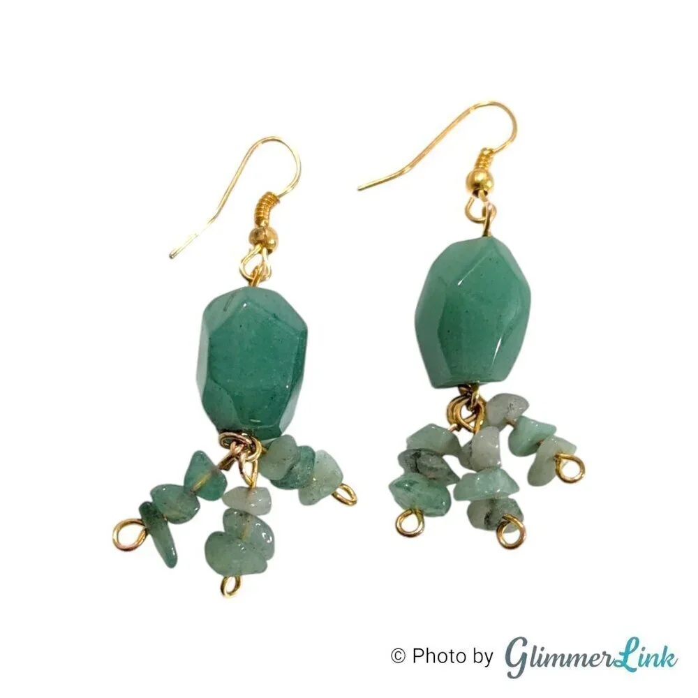 Aventurine Stone Chip Nugget Dangle Earrings & Wrap Around Bracelet Jewelry Set